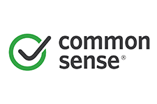 logo shows a green circle with a check mark drawn on it. The words "common sense media" are to the right of the "checked off" circle.