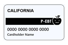 Logo depicts a graphics of a Electronic Benefits Car. The EBT card has a smiling apple in the center right with the words "P-EBT" to the left of it.