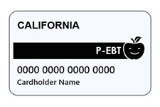 EBT_CA_Pandemic_P_EBT Logo depicts a graphics of a Electronic Benefits Car. The EBT card has a smiling apple in the center right with the words "P-EBT" to the left of it.
