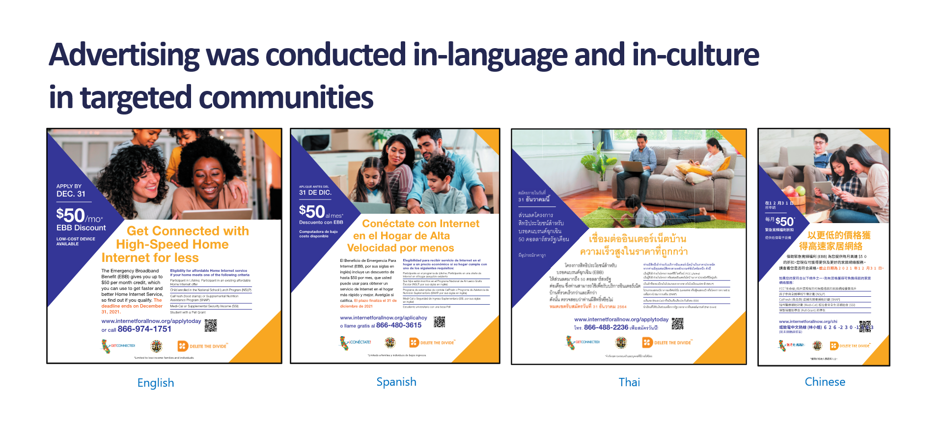 Advertising was conducted in-language and in-culture in targeted communities. Images of four fliers in English, Spanish, Thai and Chinese.