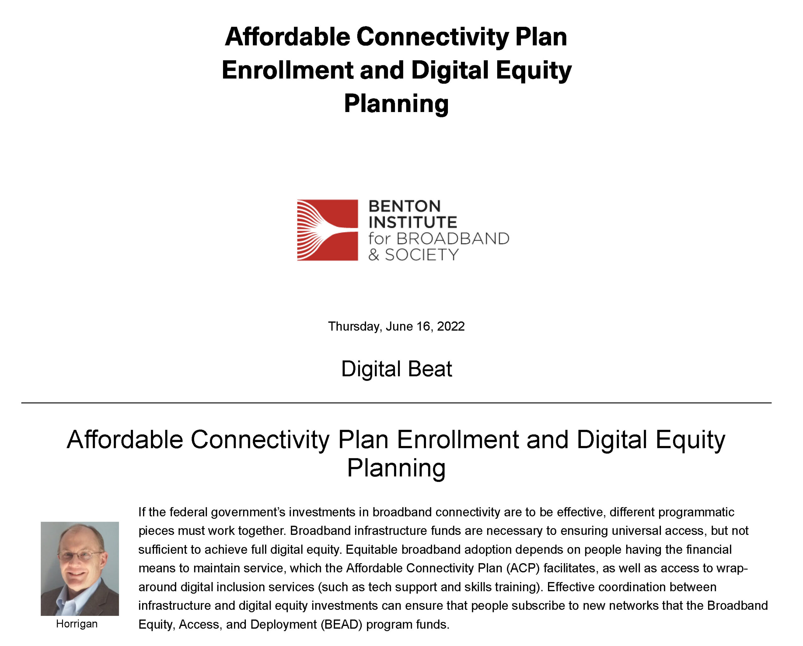 Affordable Connectivity Plan Enrollment and Digital Equity Planning
